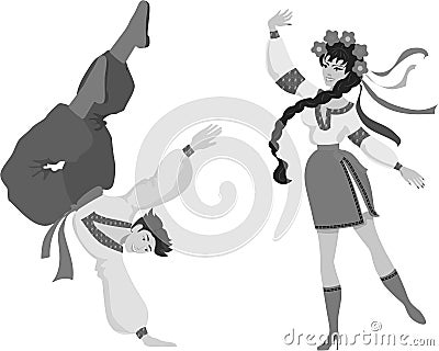 Ukrainian national dance hopak. A girl and a guy are dancing a dance in national Ukrainian costumes. Black, grey, white. Stock Photo